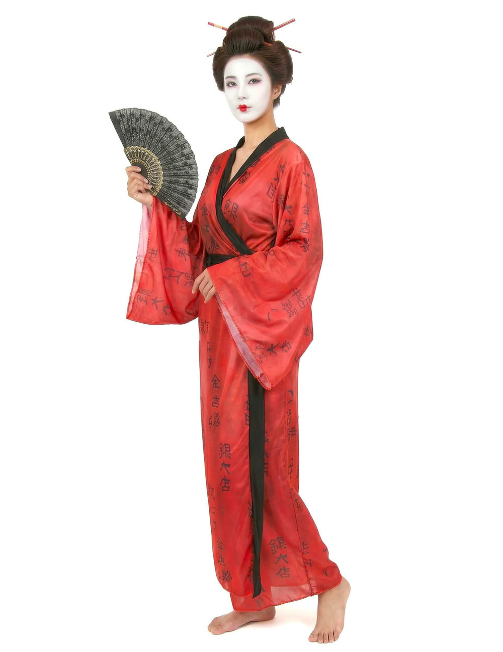 Kostým gejše pre ženu červené kimono s čiernymi kaligrafickými motívmi