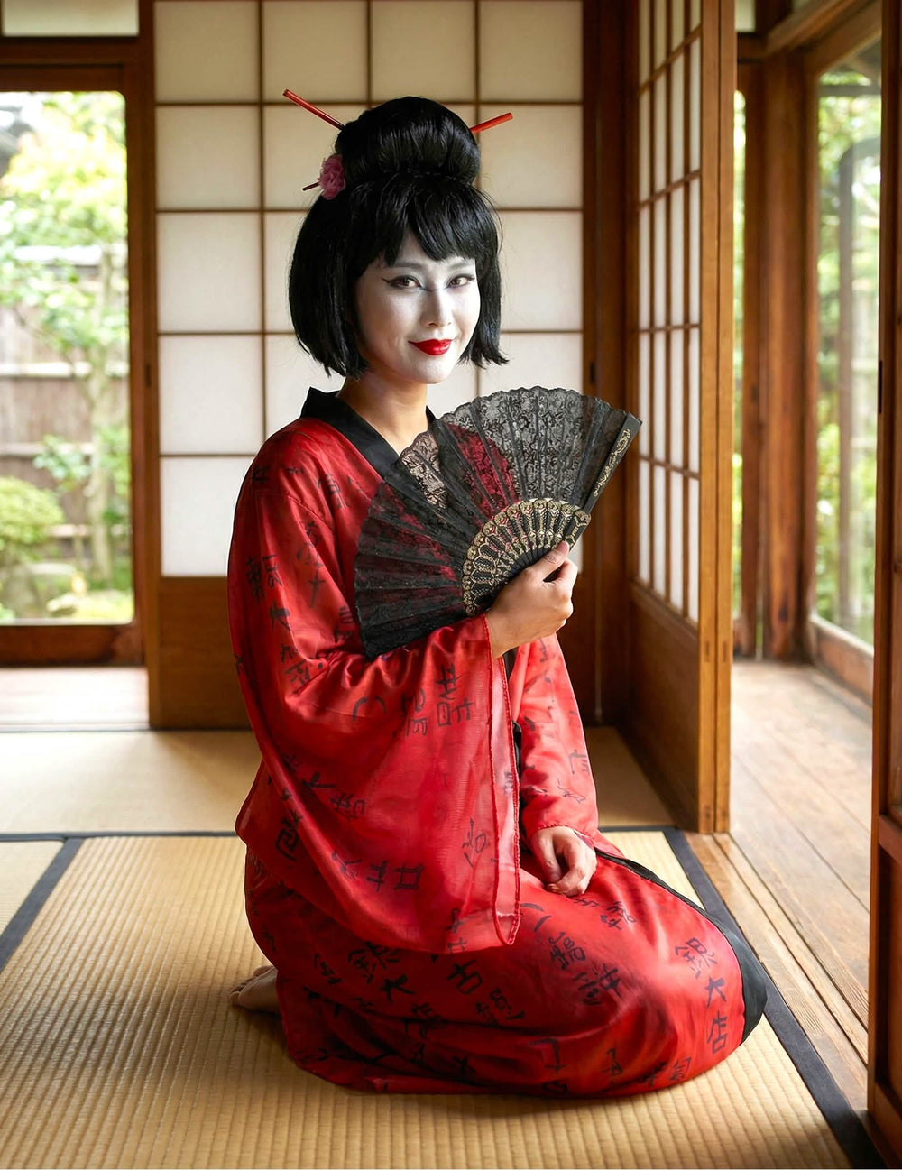 Kľačiaci pohľad spredu na kostým gejša kimono