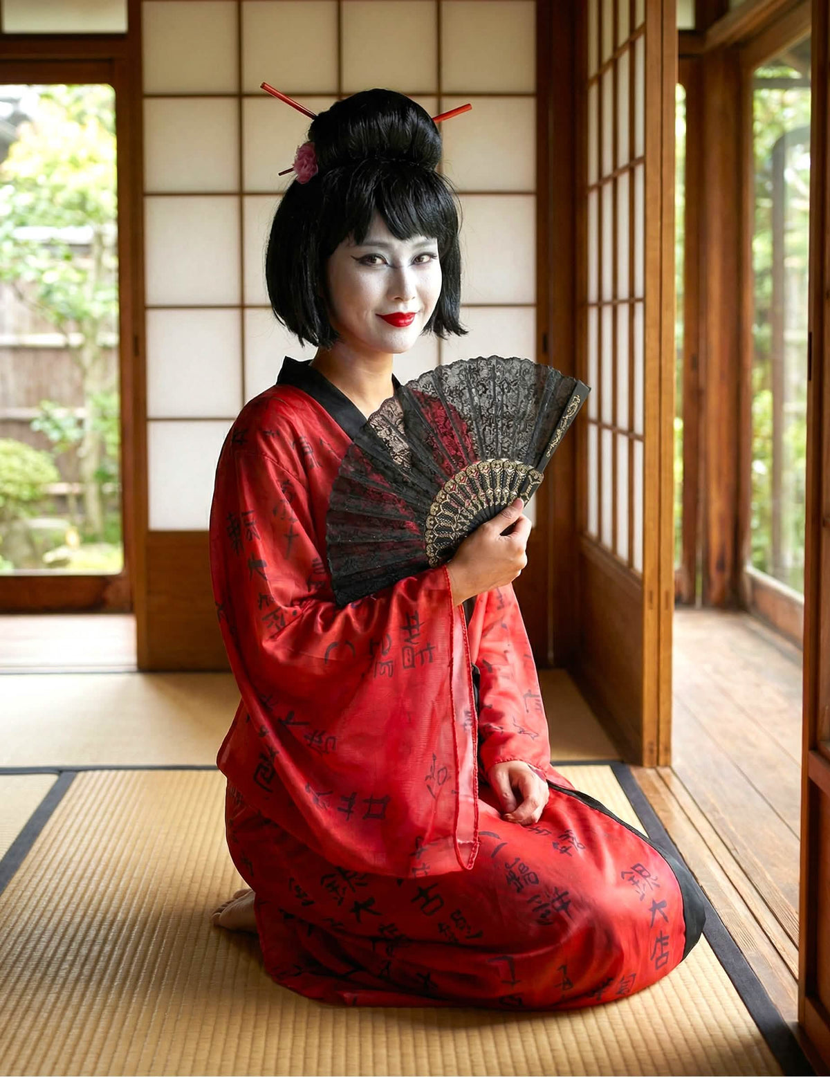 Kľačiaci pohľad spredu na kostým gejša kimono