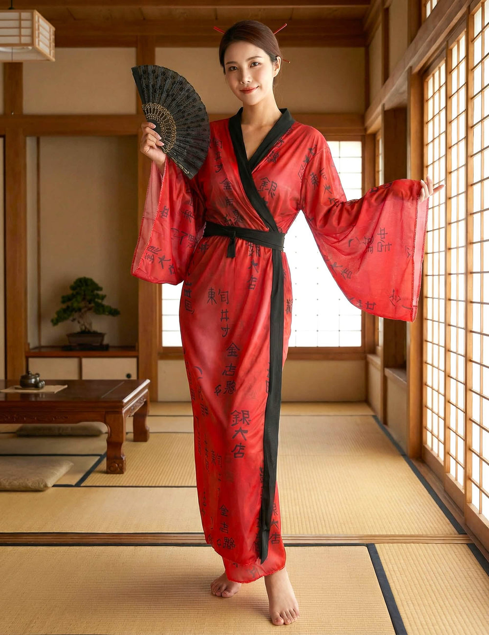 Zvislý predný pohľad na kimono kostým gejše
