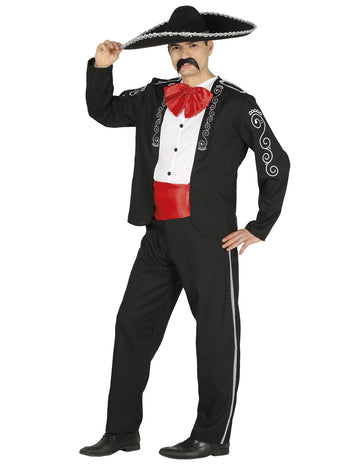Déguisement de gentleman mexicain pour homme noir et blanc avec détails rouges et sombrero