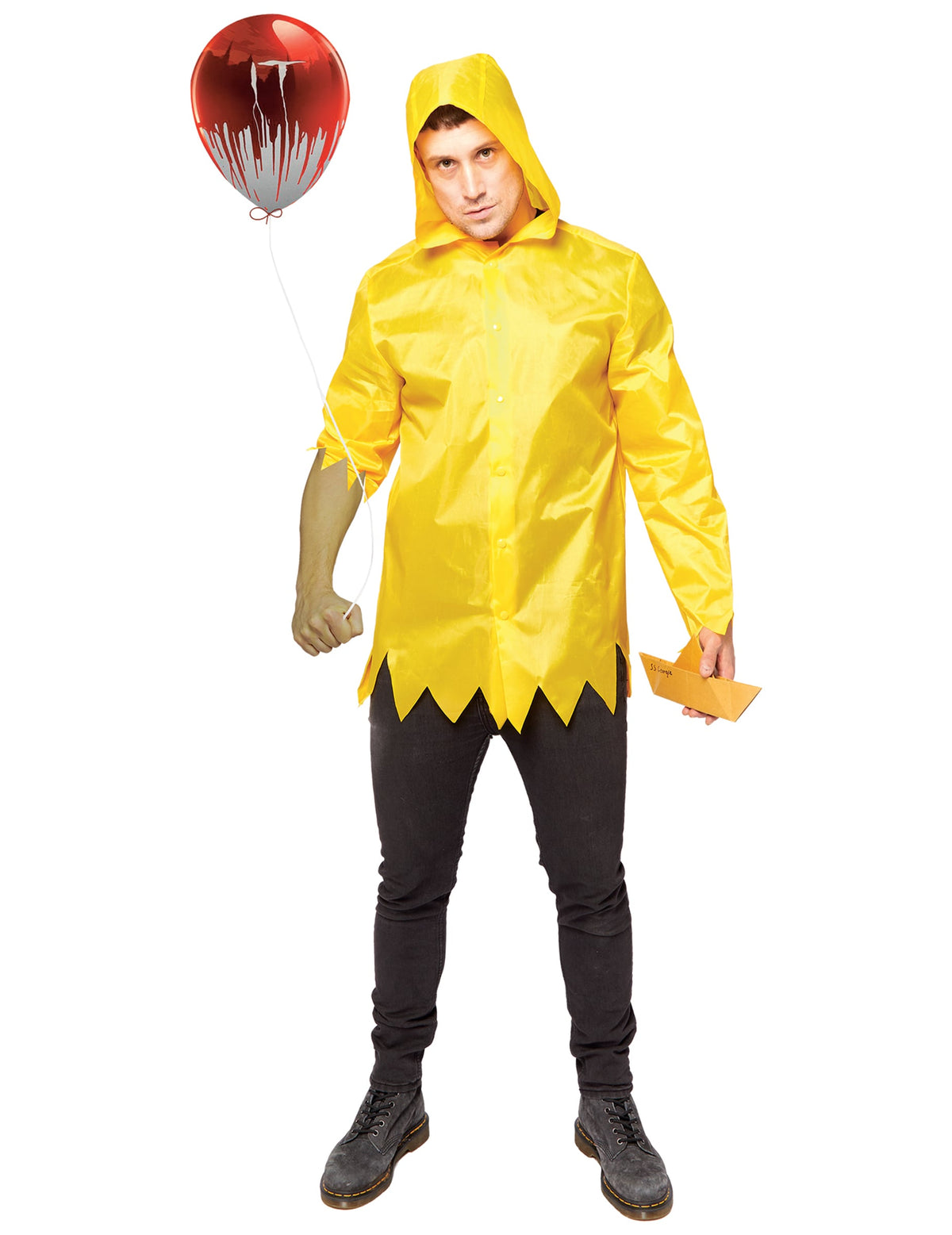 Déguisement Georgie IT™ pour adulte jaune avec ballon rouge et bateau en papier