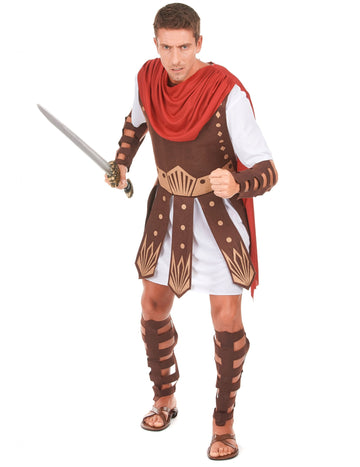 Déguisement de gladiateur pour homme marron blanc et rouge avec cape