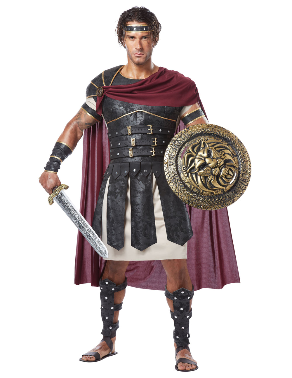 Déguisement de gladiateur romain pour homme noir et bordeaux avec armure et cape