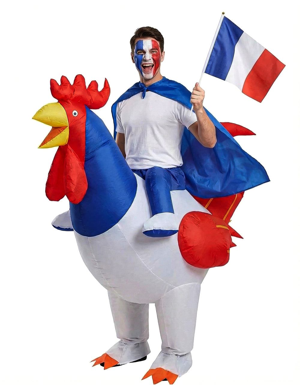 Déguisement gonflable coq pour adulte bleu blanc rouge avec drapeau français