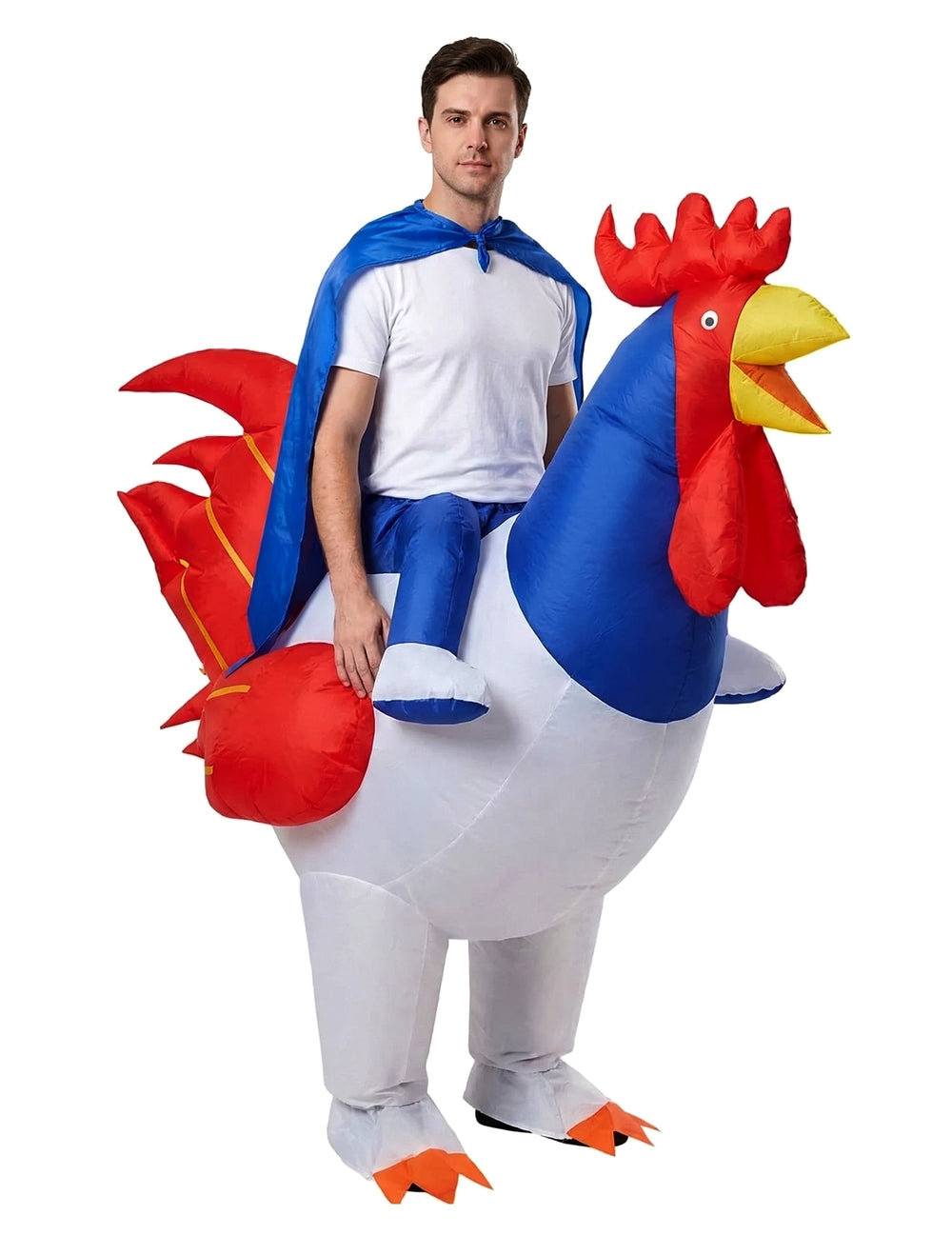 Vue de profil du déguisement gonflable coq pour adulte