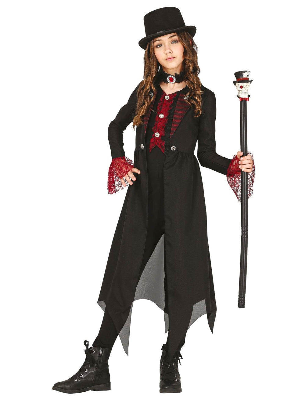 Déguisement gothique chic pour enfant noir et rouge avec haut-de-forme