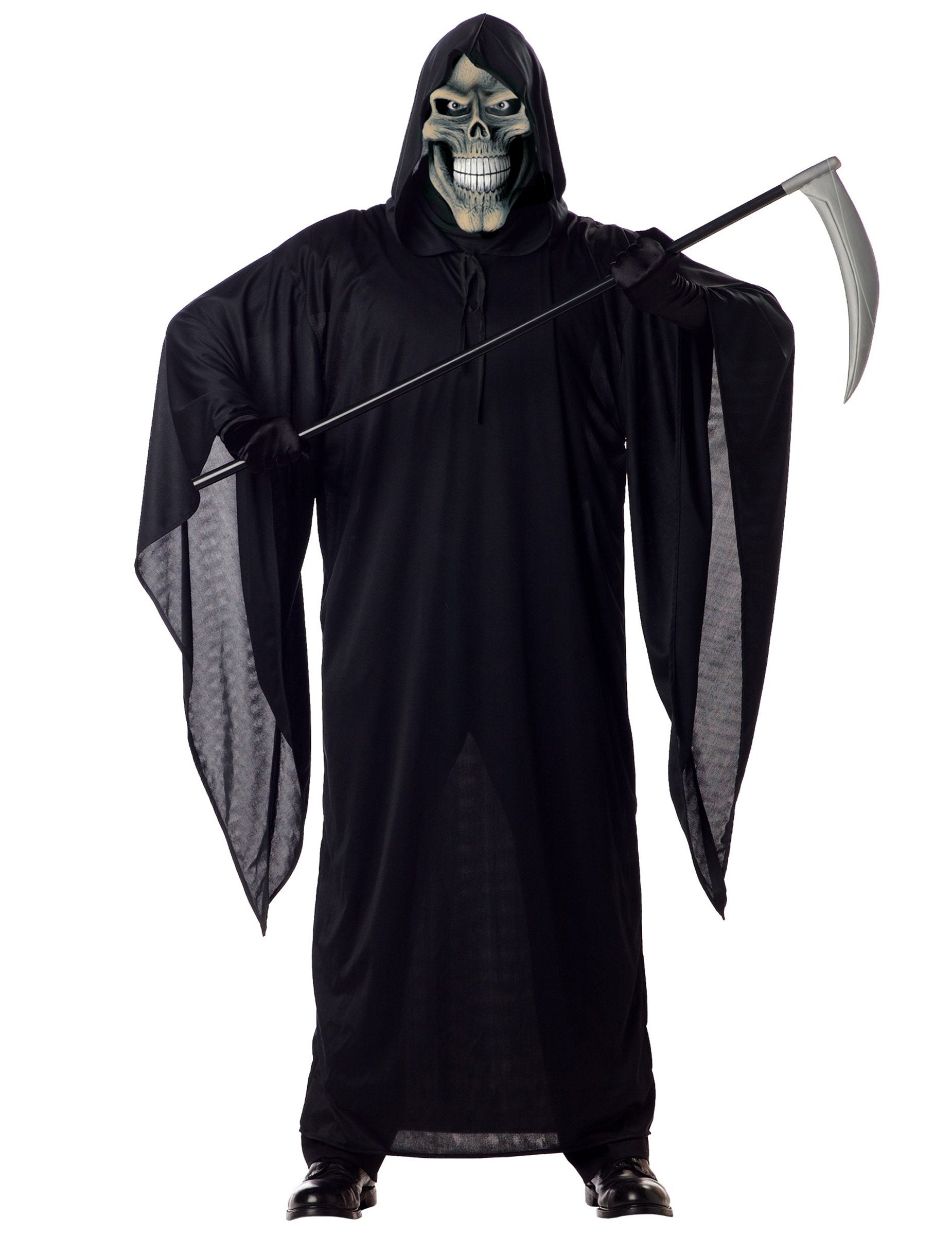 Déguisement de faucheuse pour homme noir avec masque de squelette et faux
