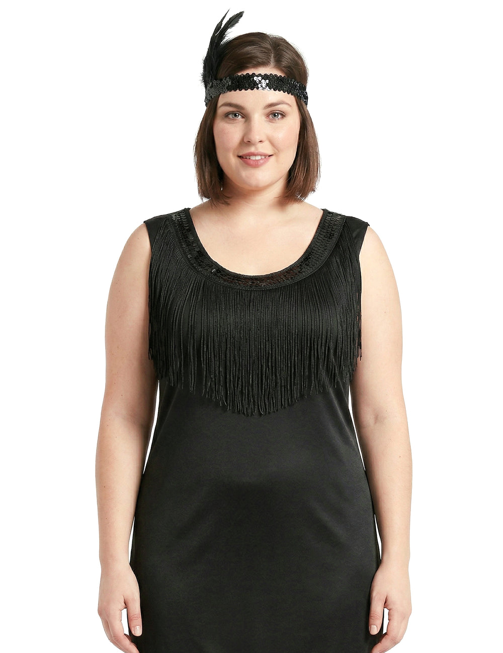 Gros plan sur le bandeau à plume et le buste du déguisement robe Charleston