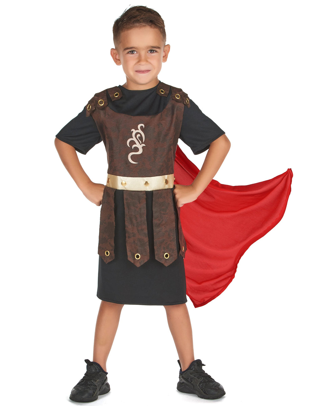 Déguisement de guerrier gladiateur pour garçon marron et noir avec cape rouge