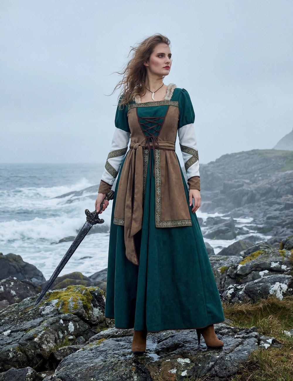 Luxusný vikingský kostým bojovníčky pre ženu zelená a hnedá