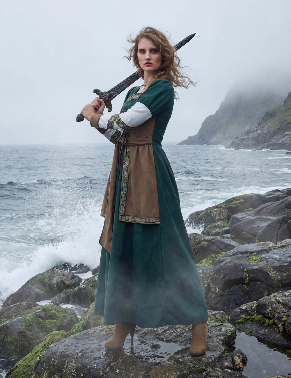 Pohľad z profilu na luxusný vikingký bojovnícky kostým pre žena