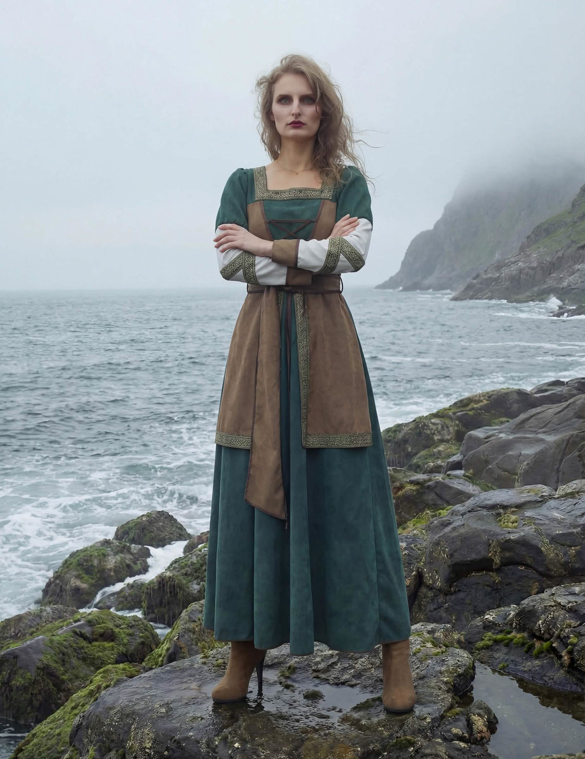 Pohľad spredu na luxusný vikingský kostým bojovníčky pre ženu