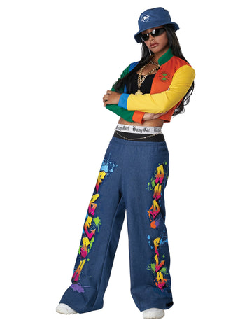 Viacfarebný dámsky hip hopový kostým z 90. rokov s modrými nohavicami v graffiti štýle