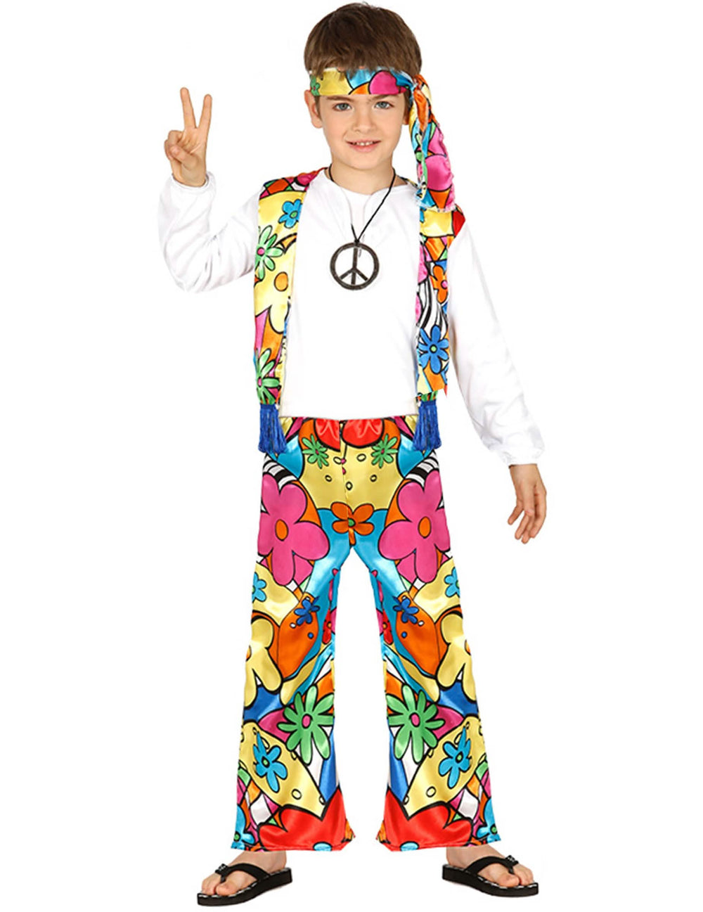 Hippy kostým s veľkými kvetmi pre dieťa viacfarebné s vestou a čelenkou