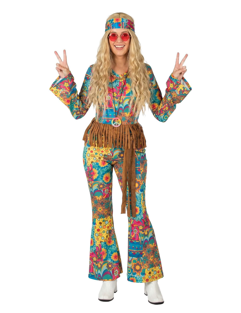 Hippie kostým s výstrihom v pre žena viacfarebné s kvetinovým vzorom a hnedá strapcami