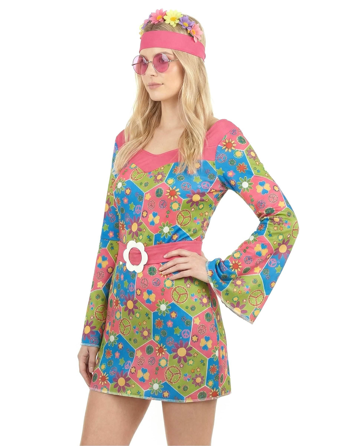 Pohľad z troch štvrtín na hippie kostým s kvetmi