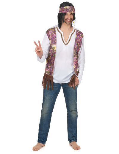 Déguisement hippie à franges pour homme blanc et violet avec gilet à motifs et bandeau