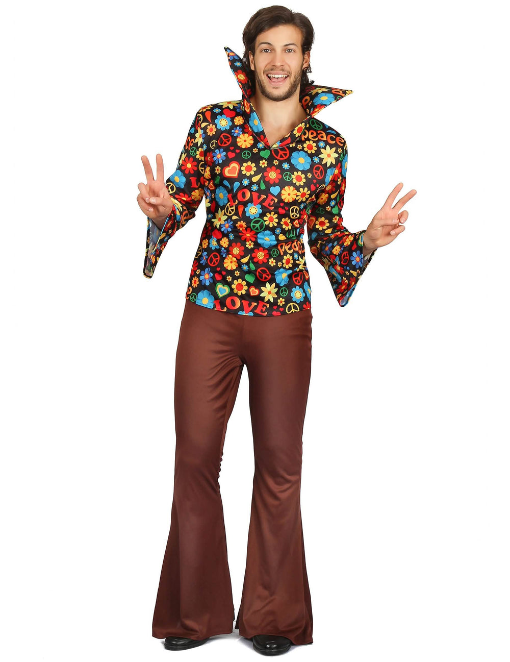 Hippie kostým pre muž s multicolor kvetmi s hnedá nohavicami