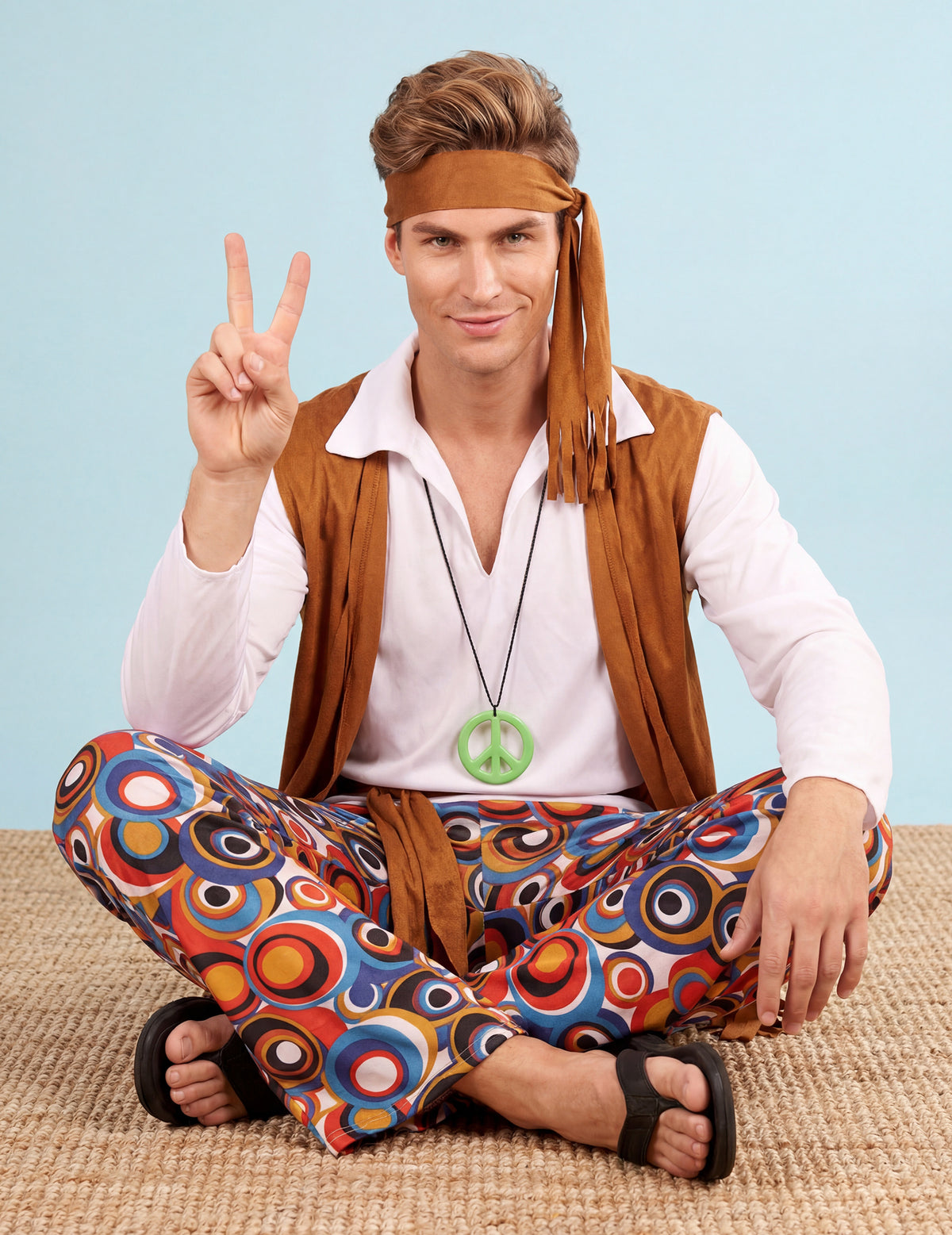 Vue de face assis montrant le pantalon à motifs et le collier du déguisement hippie pour homme