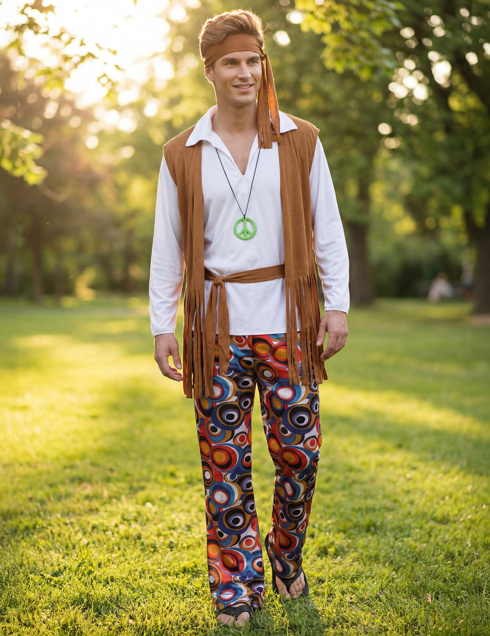 Vue de face en extérieur du déguisement hippie pour homme