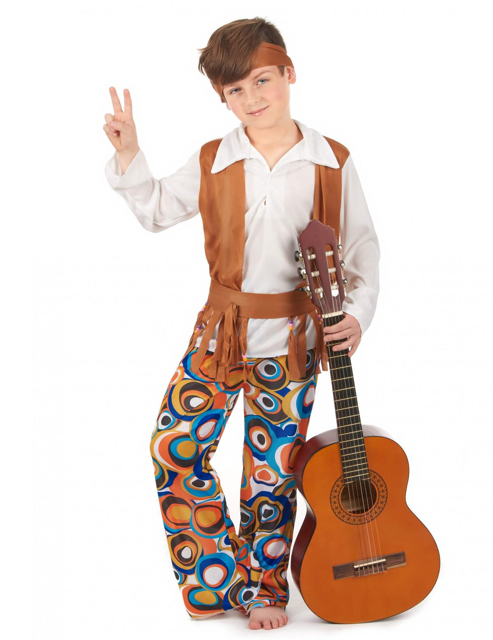 Déguisement hippie pour garçon marron avec pantalon à motifs psychédéliques