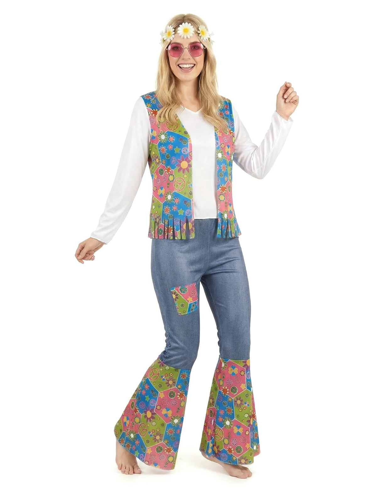 Pohľad spredu na hippie kostým peace and love pre žena
