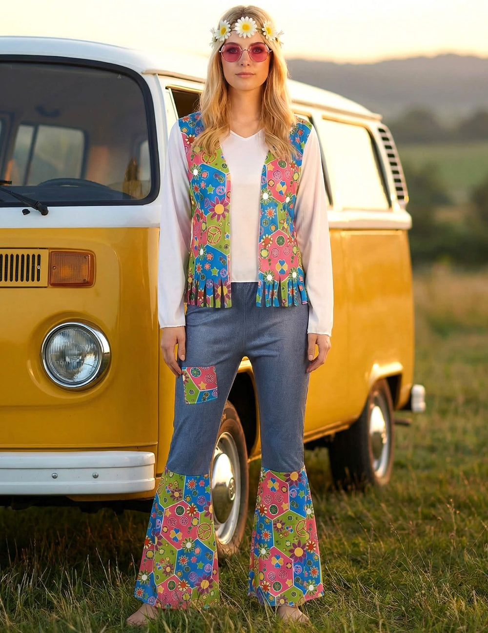 Zinscenovanie hippie kostýmu peace and love pre ženu pred žltou dodávkou