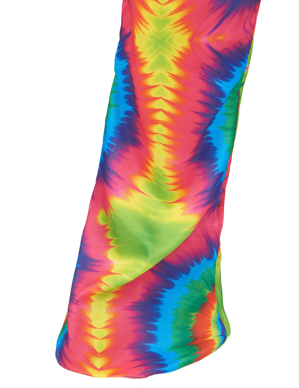 Gros plan sur le motif tie-dye du déguisement hippie psychédélique pour homme