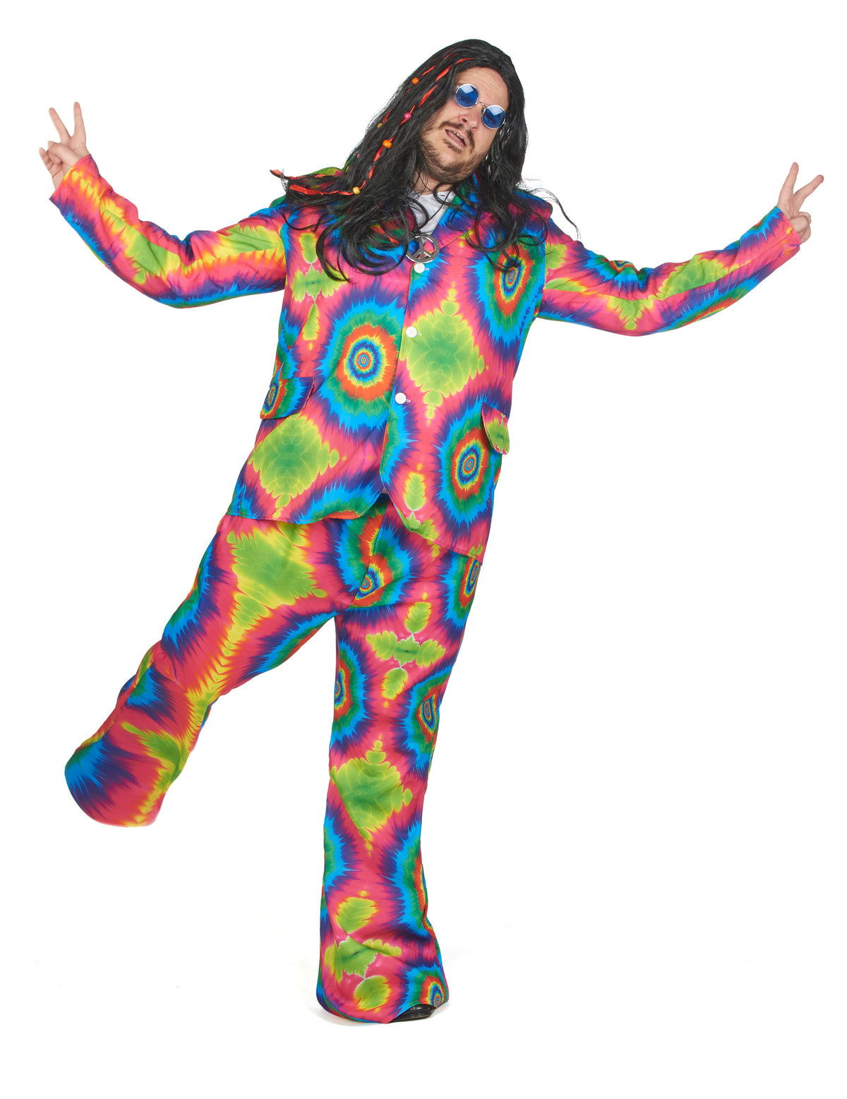 Vue de face jambe levée du déguisement hippie psychédélique pour homme