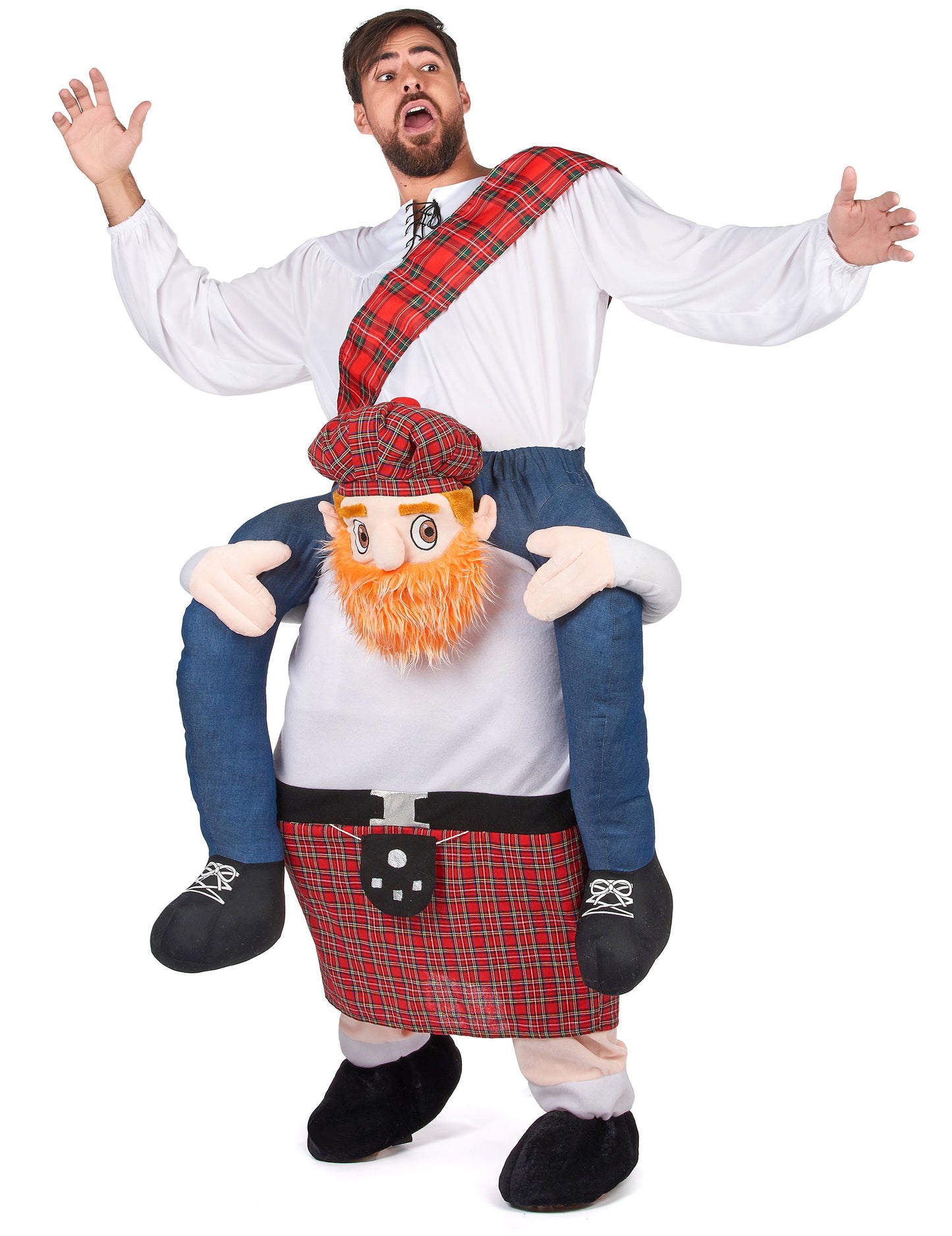 Déguisement à dos d'écossais pour adulte rouge à carreaux avec kilt et écharpe