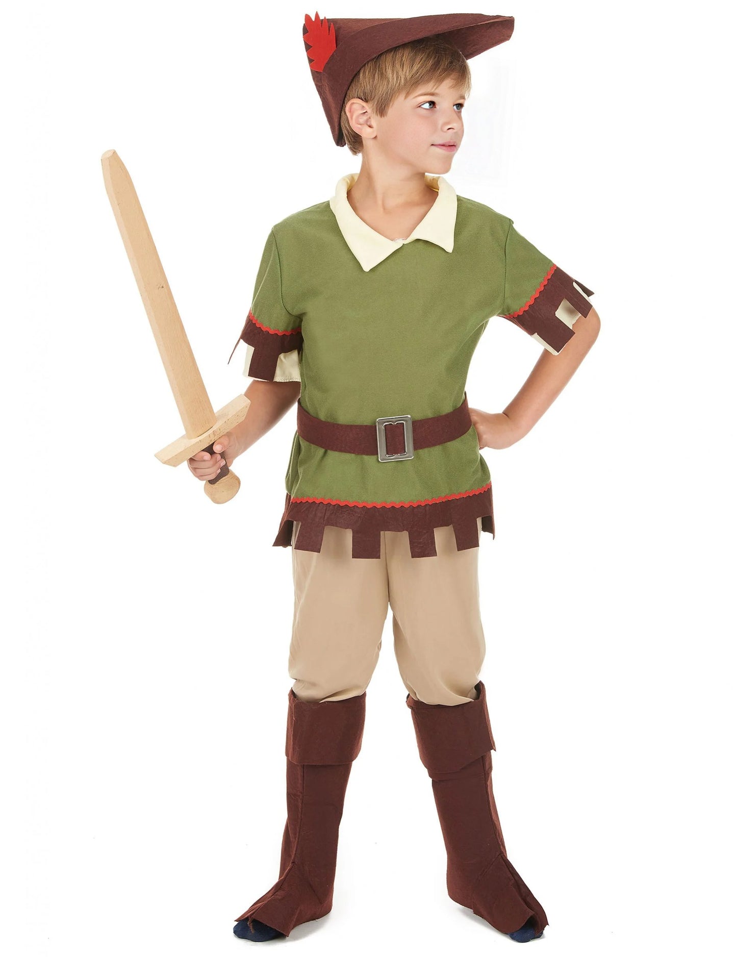Déguisenie muž lesov pre chlapca v zelenej a hnedej farbe s klobúkom a mečom