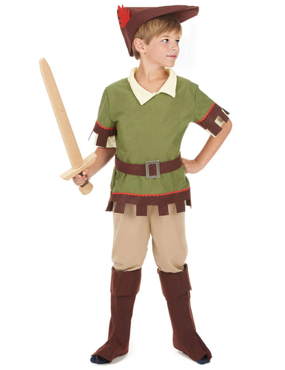 Déguisenie muž lesov pre chlapca v zelenej a hnedej farbe s klobúkom a mečom