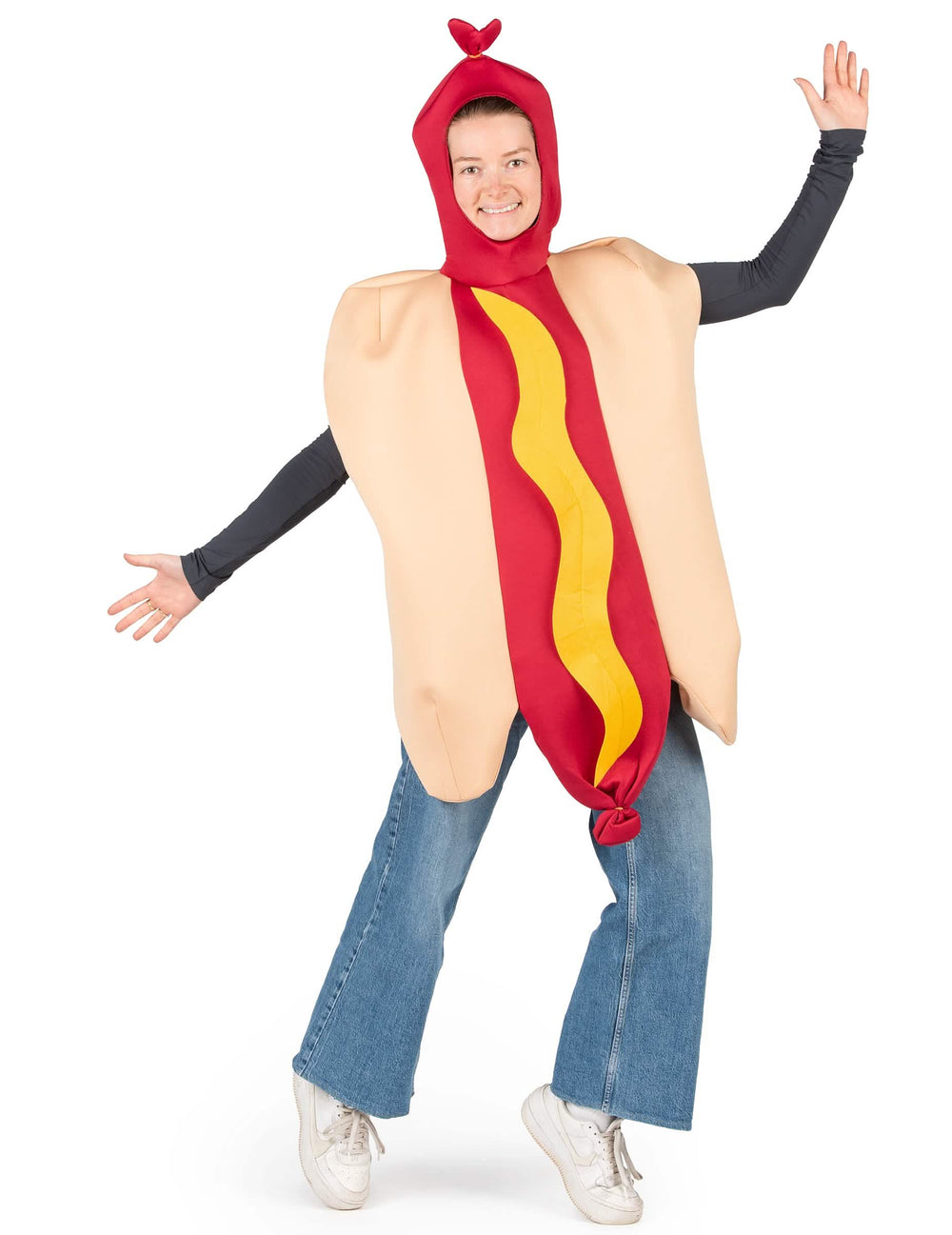 Kostým hot dog pre dospelého béžová a červená s žltá horčicou