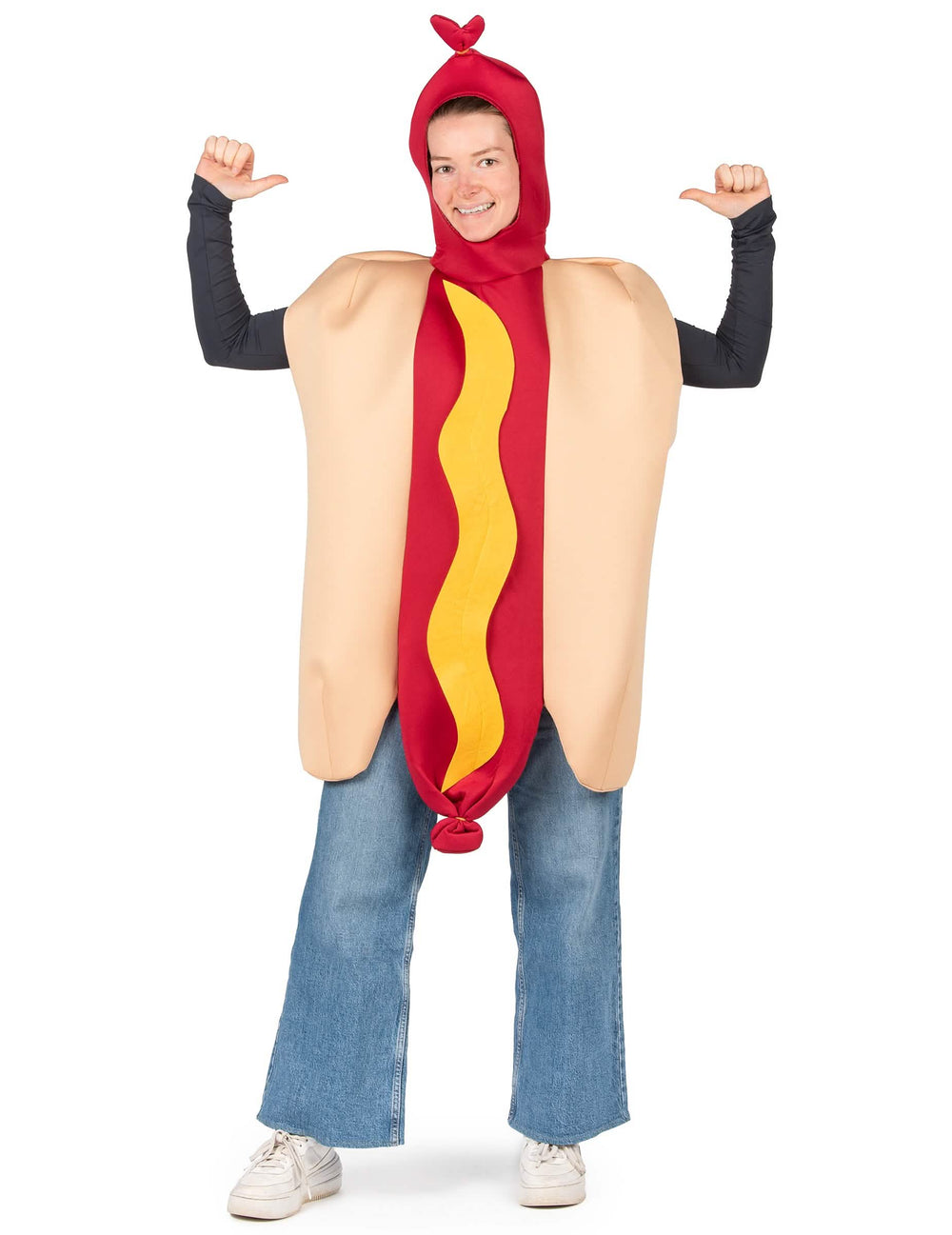 Pohľad spredu na kostým hot dog pre dospelého