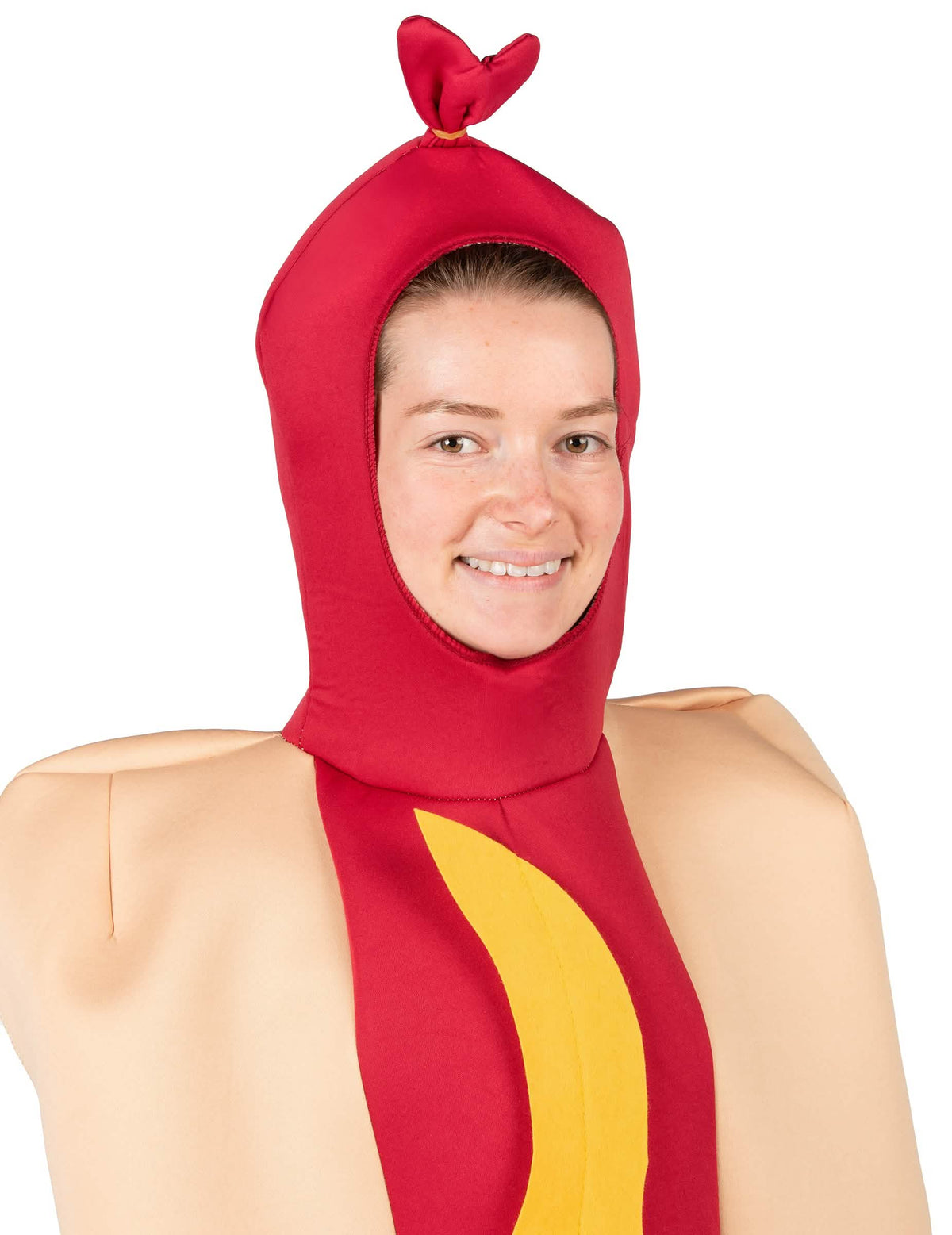 Detail na kapucni dospelého kostýmu hot dogu