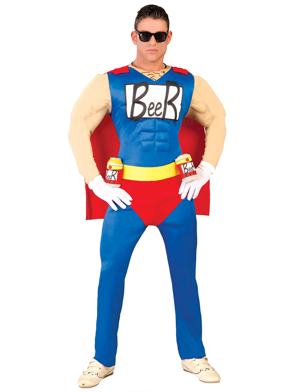 Déguisement humoristique Beerman pour adulte bleu et rouge avec cape et muscles