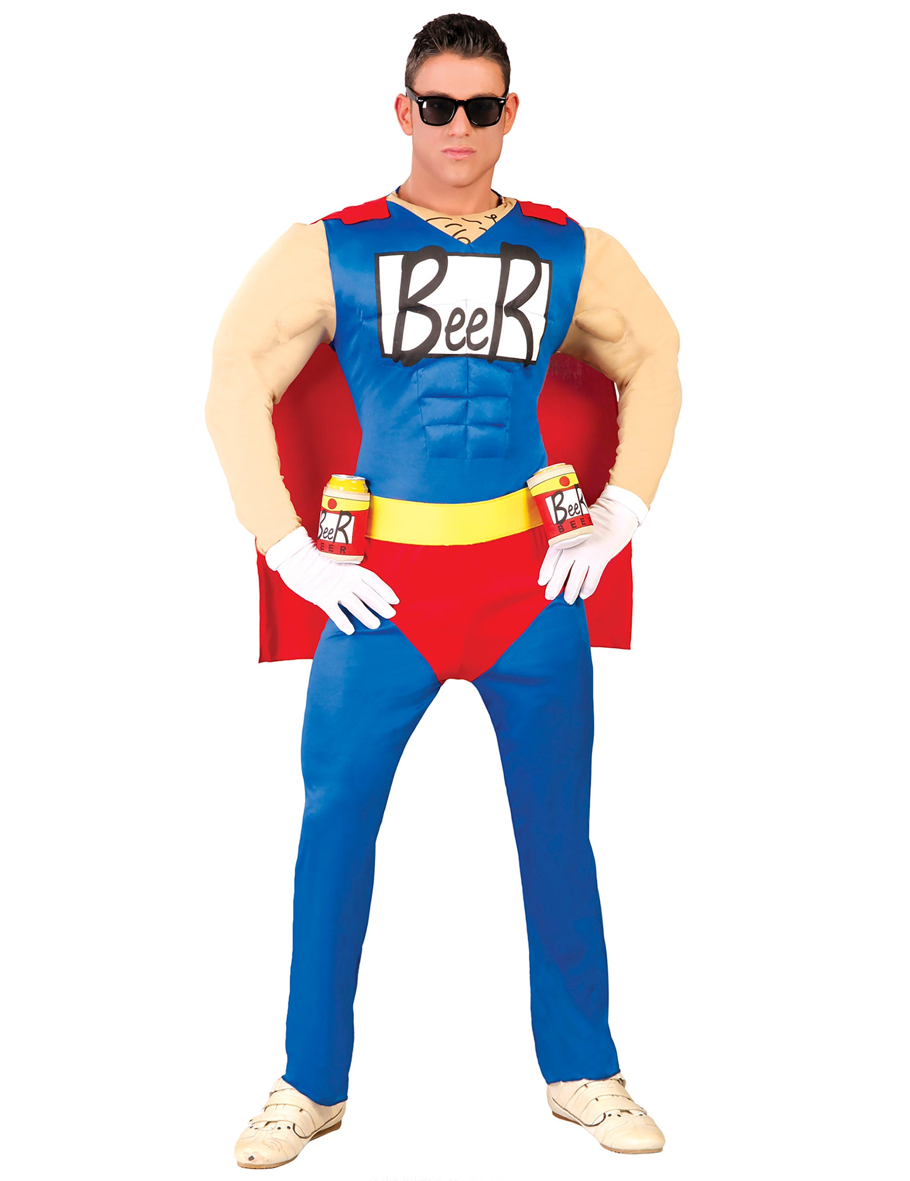 Déguisement humoristique Beerman pour adulte bleu et rouge avec cape et muscles
