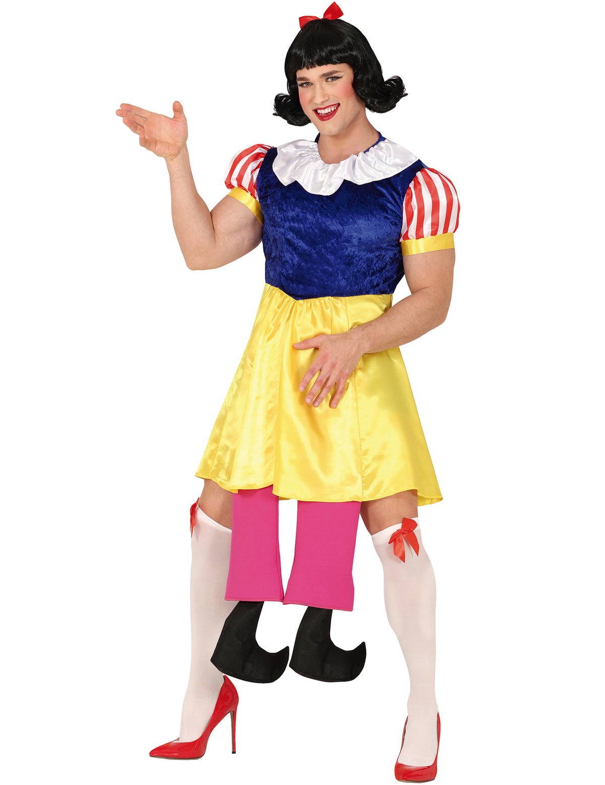 Déguisement humoristique princesse coquine pour homme jaune et bleu avec fausses jambes