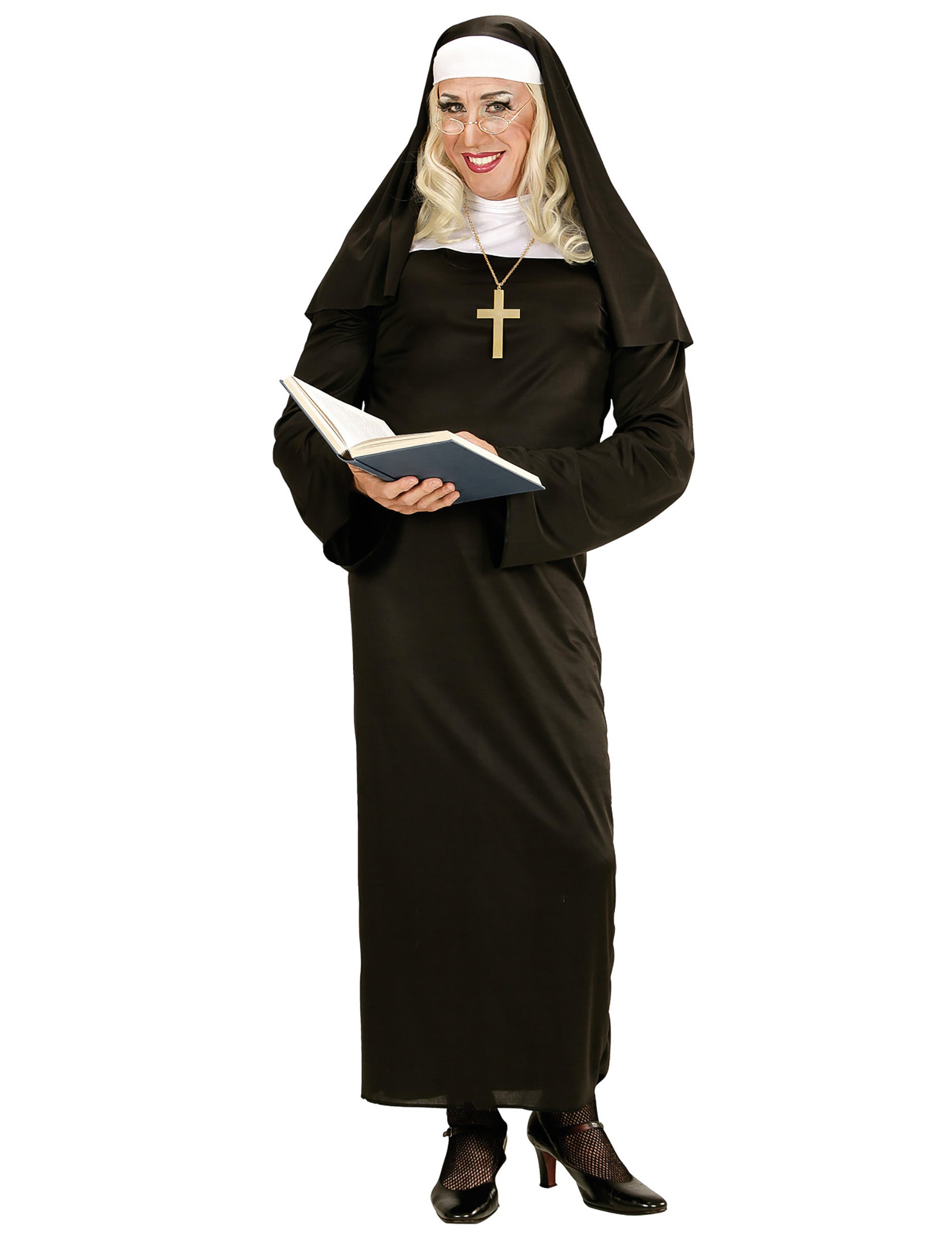 Déguisement humoristique religieuse pour adulte noir avec voile et croix dorée