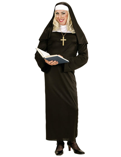 Déguisement humoristique religieuse pour adulte noir avec voile et croix dorée
