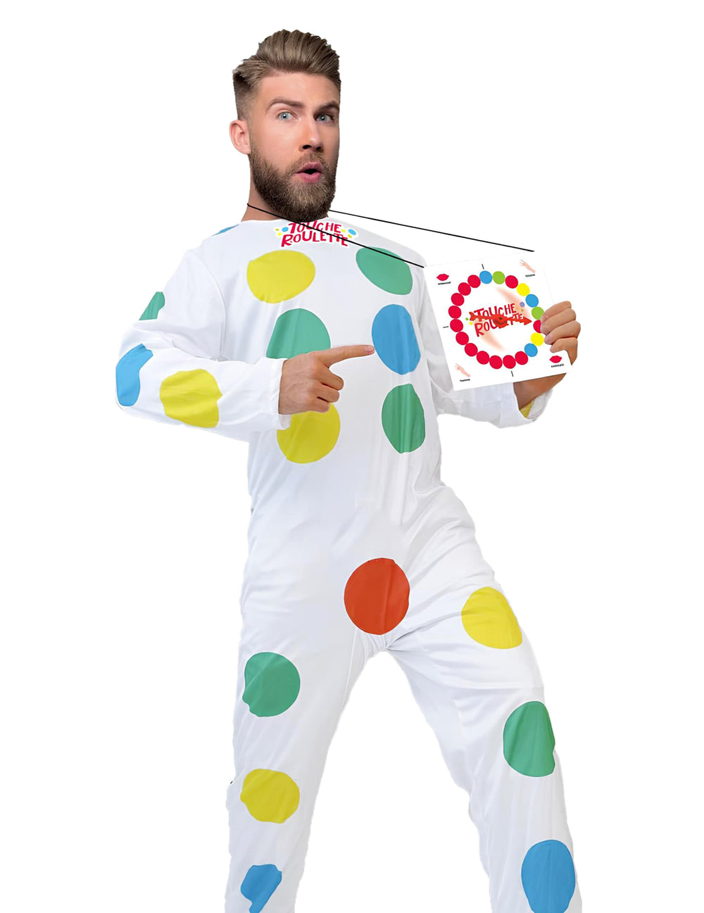 Déguisement humoristique touche roulette pour adulte blanc à pois multicolores avec roulette