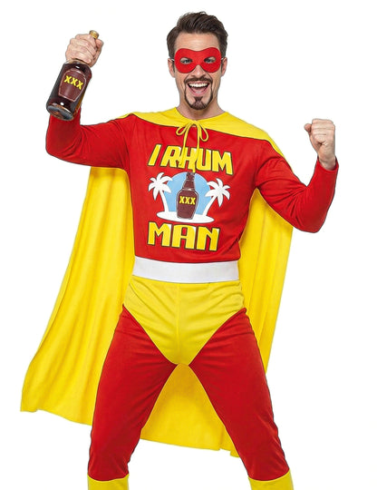 Déguisement I Rhum Man pour homme rouge et jaune avec masque et cape