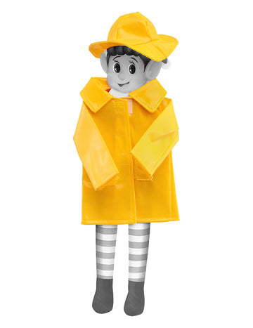 Déguisement imperméable de lutin farceur pour poupée jaune avec chapeau