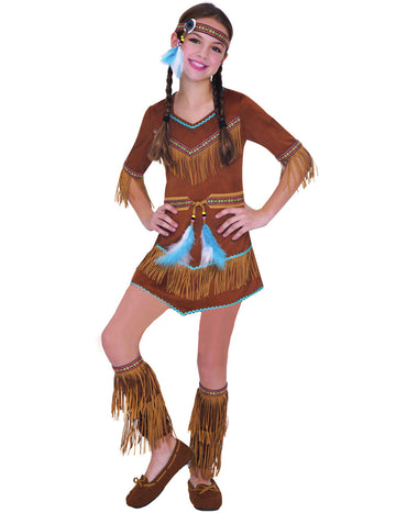 Déguisement indienne attrape rêves pour fille marron avec franges et plumes bleues