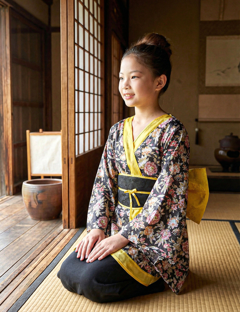 Vue de profil assise du déguisement Japonaise pour fille