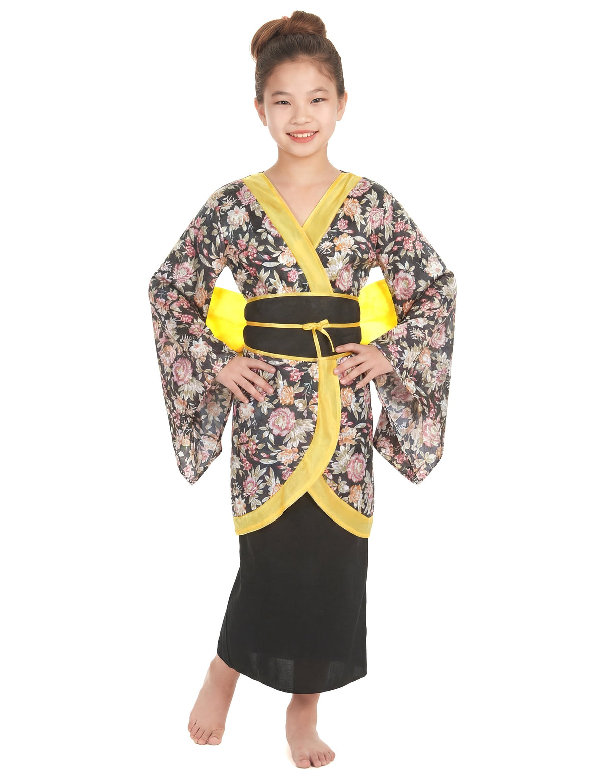 Déguisement Japonaise pour fille noir à fleurs avec ceinture jaune