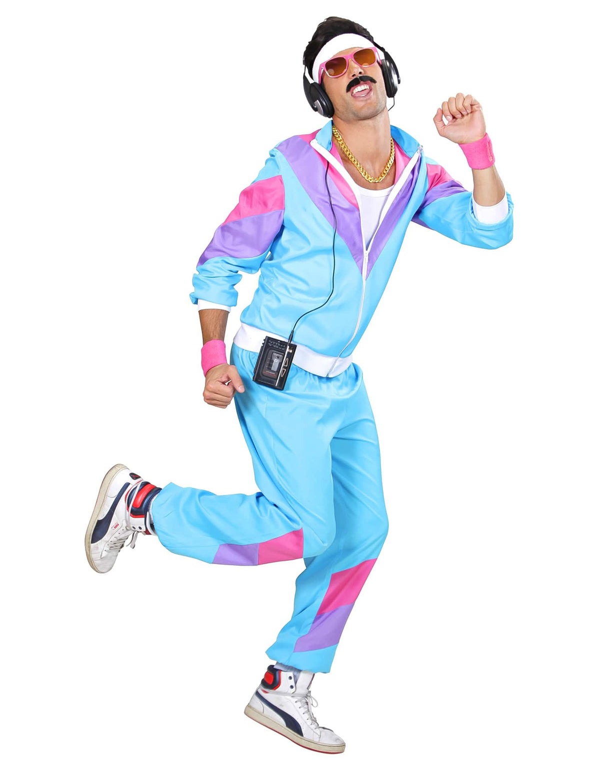Pohľad spredu v pohybe na pánsky 80's joggingový kostým