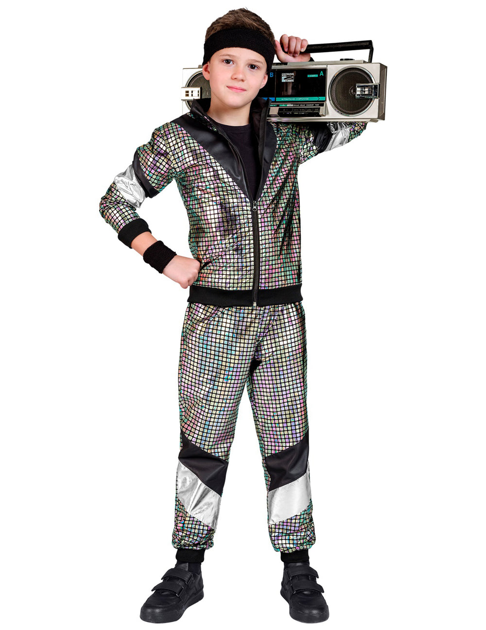 Enfant posant avec une radio sur l'épaule du déguisement jogging disco années 80