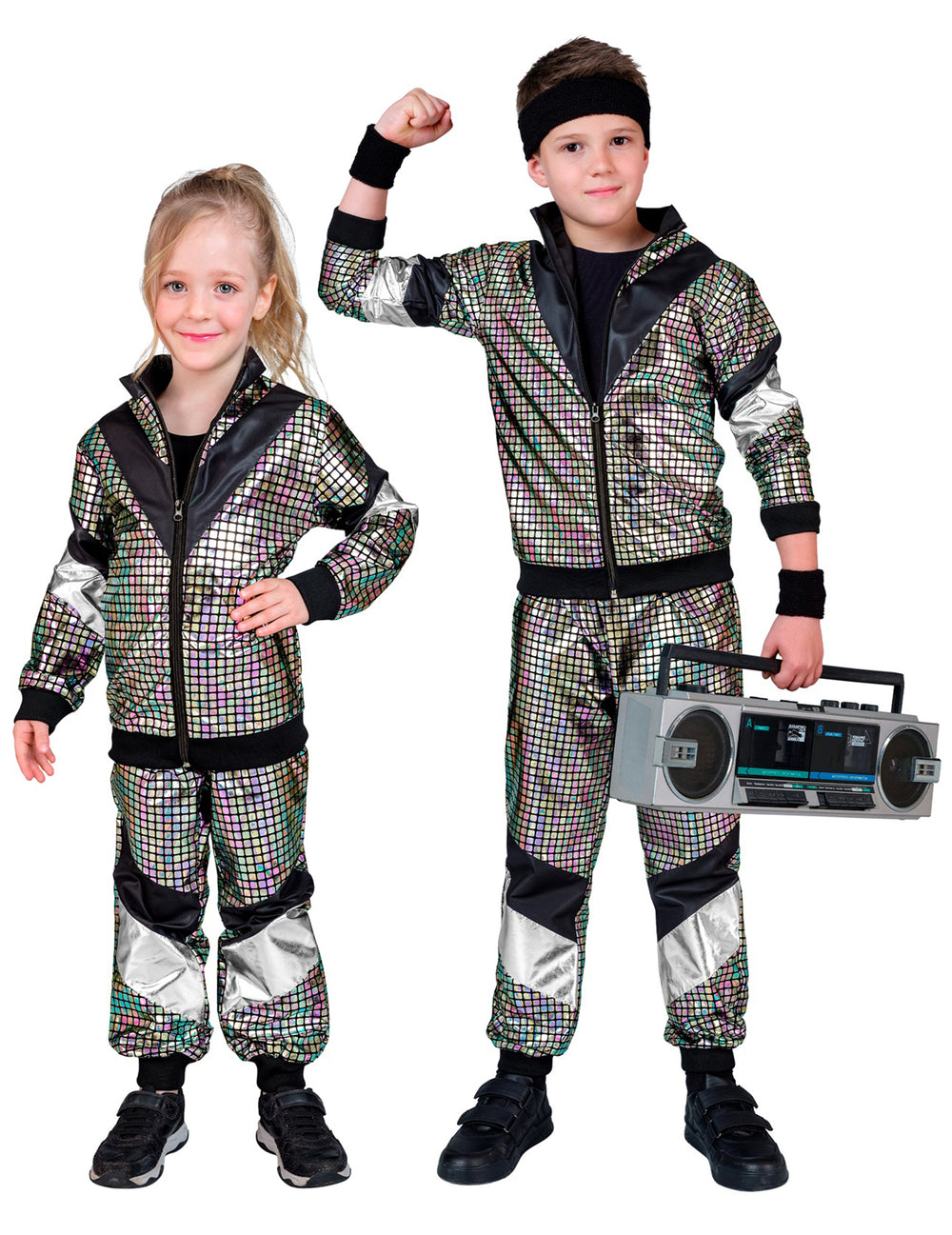 Garçon et fille portant le déguisement jogging disco années 80